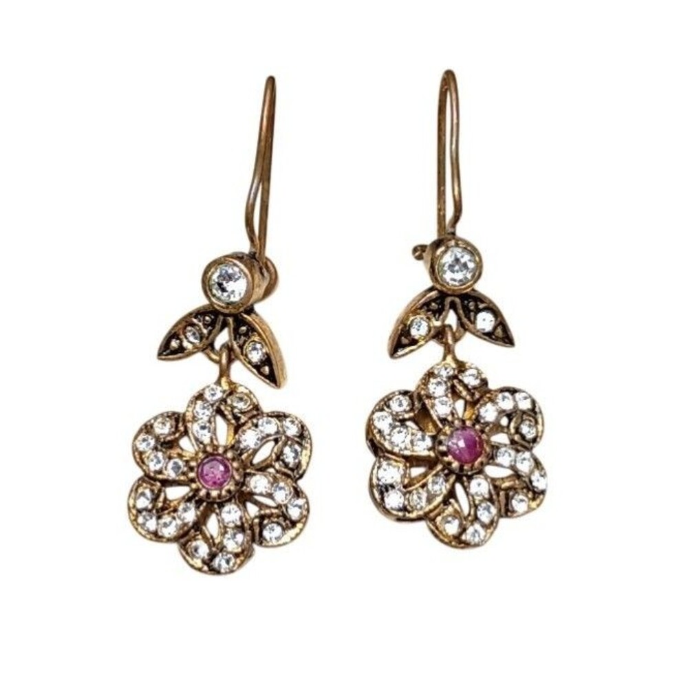 Vintage Ruby White Topaz Flower Earrings